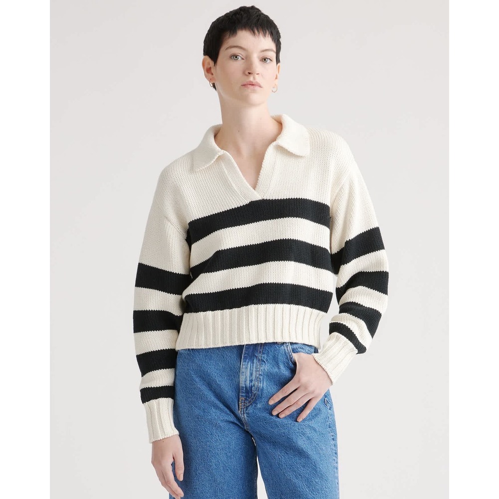 Quince Organic Cotton Cropped Polo Sweater Cream Black Striped XS